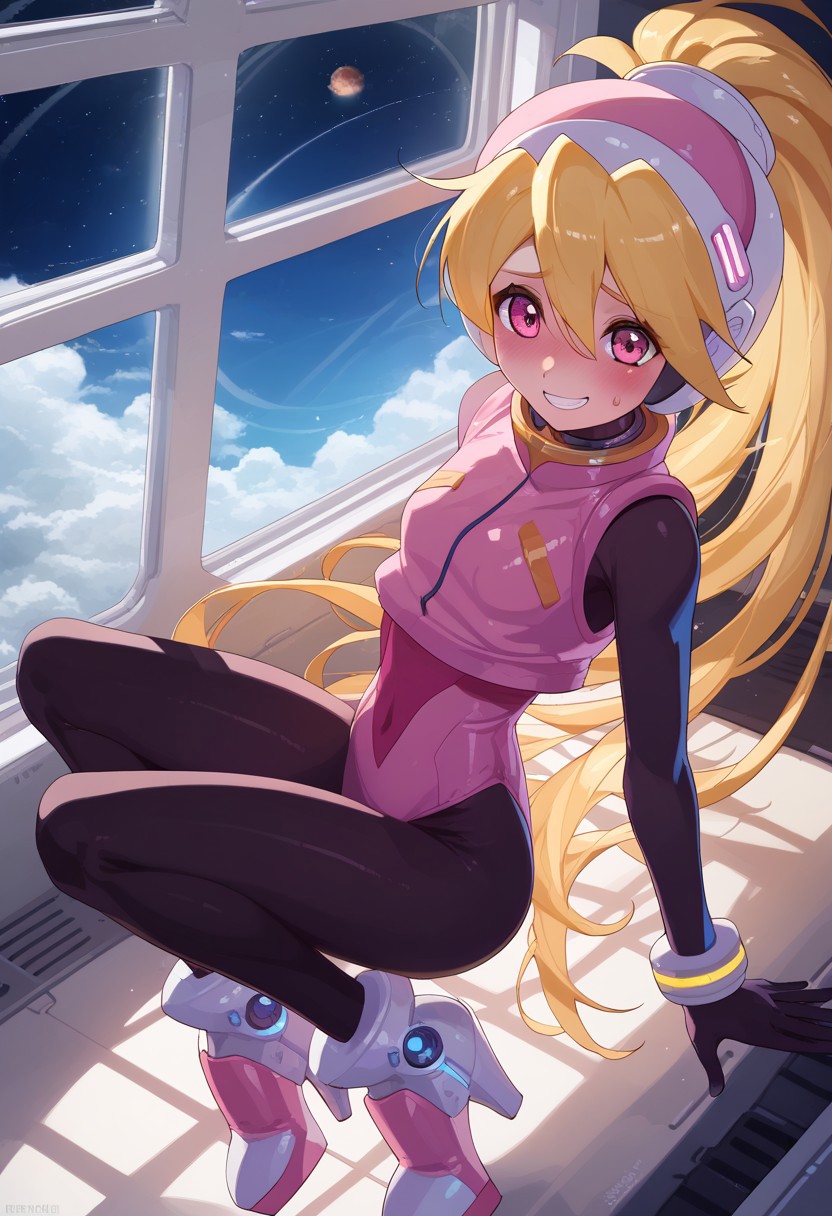 score_9, score_8_up, score_7_up, score_6_up, ultra-detailed, high resolution, super detailed skin, nsfw, Highly Visible, 8k, sharp focus, beautiful, perfect lighting, smooth edges, Expressiveh, 
1girl, cutest girl in the world, cielbase, helmet, blonde hair, very long hair, ponytail, pink vest, pink dress, bodystocking, arm stockings, pantyhose, high heels, anklet, bracelet, pretty face, kawaii face, cute, adorable  medium chest, wide hips, thin waist, (skinny:1.4), thick thighs, petite, Astronaut,  space suit, skindentation,
floating, zero gravity,
shy smile, shy pose, flustered,
BREAK,
Indoors, volumetric lighting, in a space ship, window in background, planet through window,