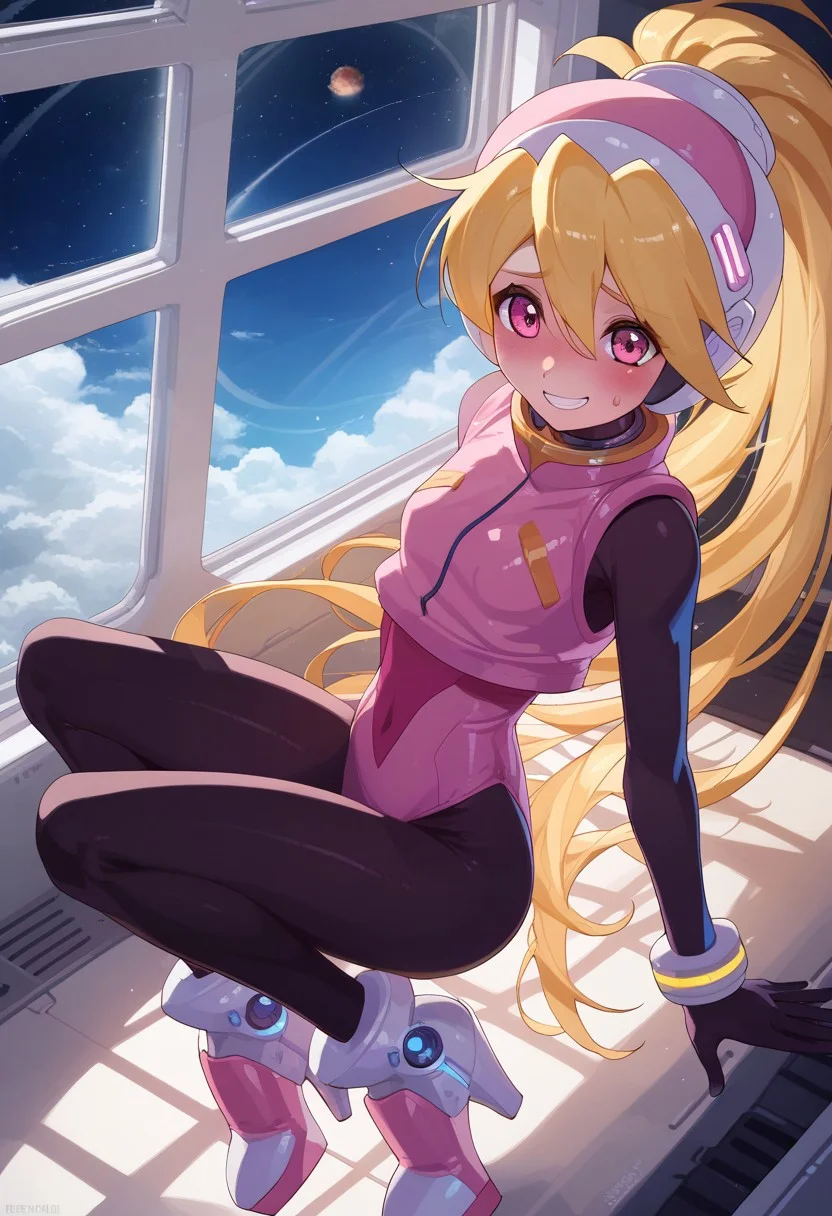 score_9, score_8_up, score_7_up, score_6_up, ultra-detailed, high resolution, super detailed skin, nsfw, Highly Visible, 8k, sharp focus, beautiful, perfect lighting, smooth edges, Expressiveh,
1girl, cutest girl in the world, cielbase, helmet, blonde hair, very long hair, ponytail, pink vest, pink dress, bodystocking, arm stockings, pantyhose, high heels, anklet, bracelet, pretty face, kawaii face, cute, adorable medium chest, wide hips, thin waist, (skinny:1.4), thick thighs, petite, Astronaut, space suit, skindentation,
floating, zero gravity,
shy smile, shy pose, flustered,
BREAK,
Indoors, volumetric lighting, in a space ship, window in background, planet through window,