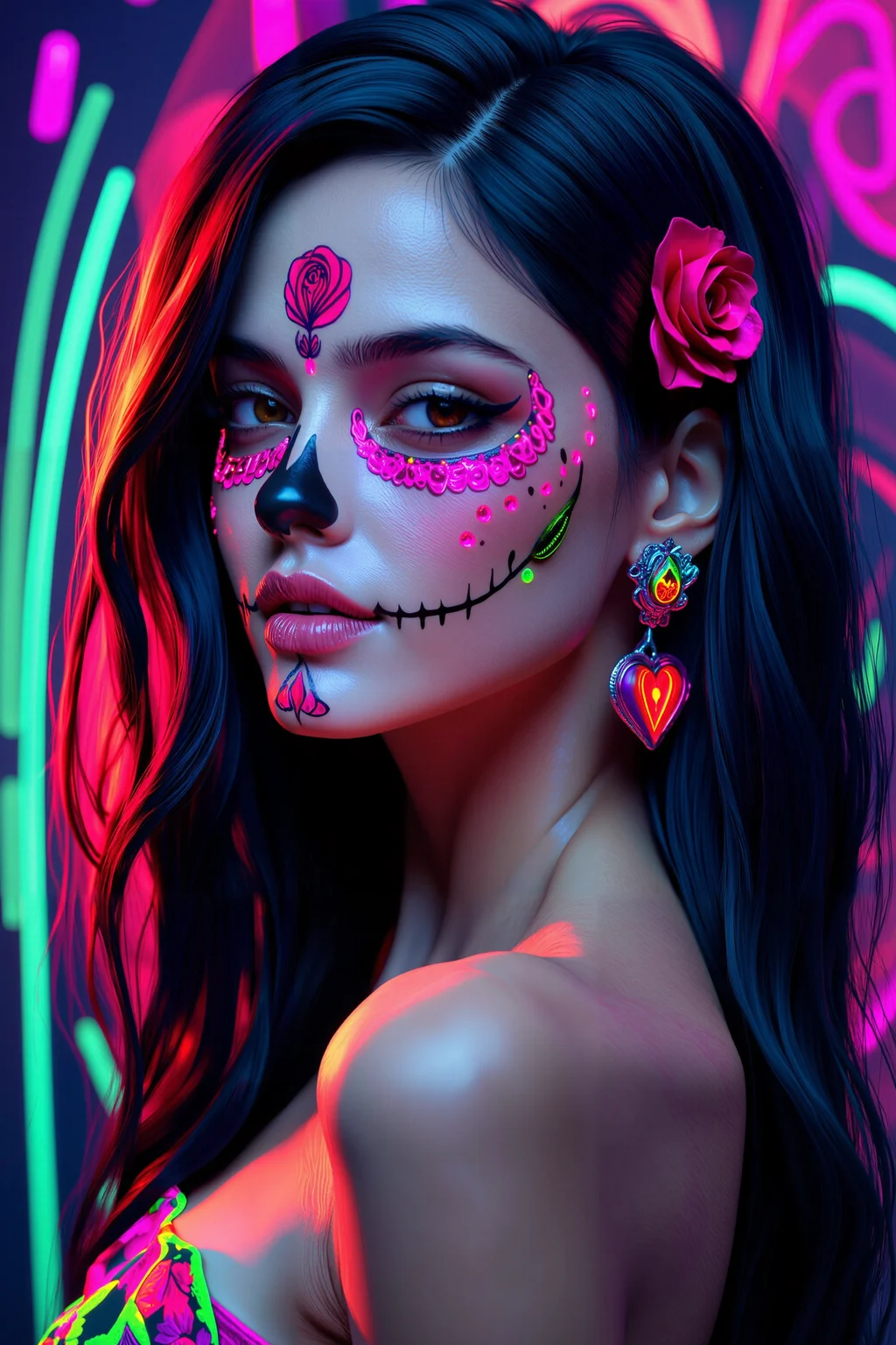 Woneon_facepaintflx, A beautiful woman with black hair and a red rose-themed sugar skull face paint, real neon accents, vibrant and electric, gorgeous neon design background, neon dress and earrings, photo-realistic, highly detailed, rendered in Octane, with volumetric lighting, hyperrealistic, ultra-high-definition photography.
