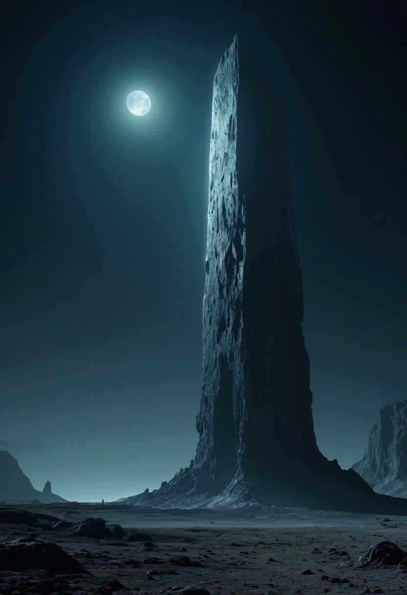 surface of a desolate moon, observing an immense alien monolith thatas emitting an eerie, pulsating light. cinematic. still, artistic.