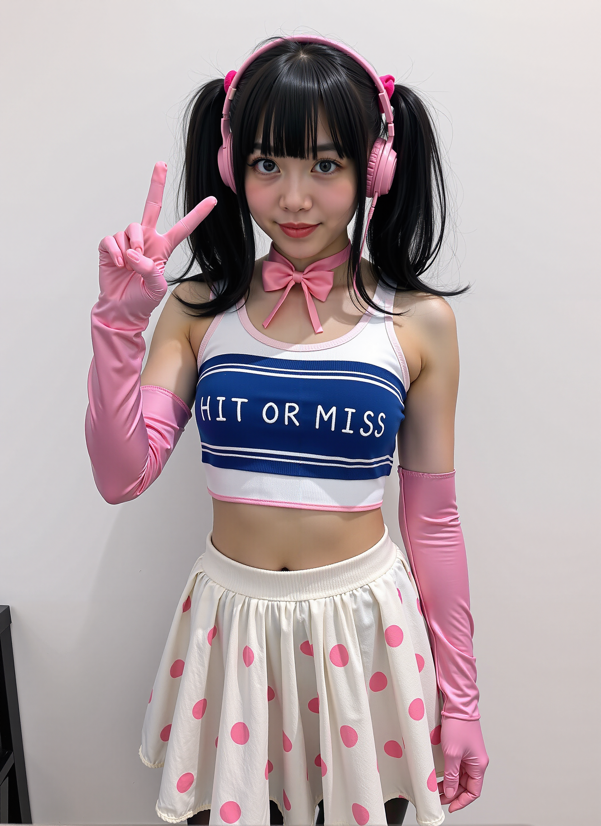 amateurish photo, EMIRU, a woman wearing white pleated skirt with pink dots, long sleeved pink silk gloves, a white crop tank top with a blue band across it and written "HIT OR MISS" on it,belly visible, shiny jet black hair with ponytails, a pink headset with a bowtie on it, dark blue eyes, black stockings, she is doing the "V" hand sign with her left hand, white background  <lora:UltraRealPhoto:1>  <lora:Flux.Emiru2:1>