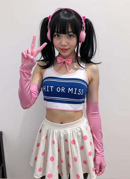 amateurish photo, EMIRU, a woman wearing white pleated skirt with pink dots, long sleeved pink silk gloves, a white crop tank top with a blue band across it and written "HIT OR MISS" on it,belly visible, shiny jet black hair with ponytails, a pink headset with a bowtie on it, dark blue eyes, black stockings, she is doing the "V" hand sign with her left hand, white background  <lora:UltraRealPhoto:1>  <lora:Flux.Emiru2:1>