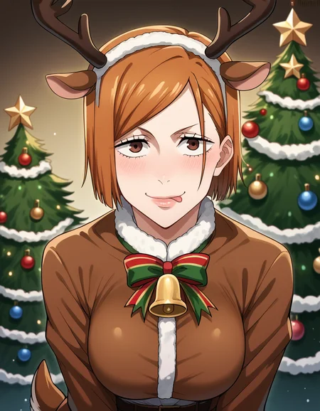 score_9, score_8_up, score_7_up, source_anime, <lora:nobara-kugisaki-s1s2-ponyxl-lora-nochekaiser:1>, nobara kugisaki, kugisaki nobara, bob cut, brown eyes, brown hair, lips, short hair, large breasts, <lora:reindeer-costume-ponyxl-lora-nochekaiser:1>, reindeer costume, animal costume, reindeer antlers, antlers, fake antlers, reindeer hood, christmas, red nose, deer ears, deer tail, christmas tree, bell, horns, reindeer,, blush, smile, tongue out, looking at viewer,,