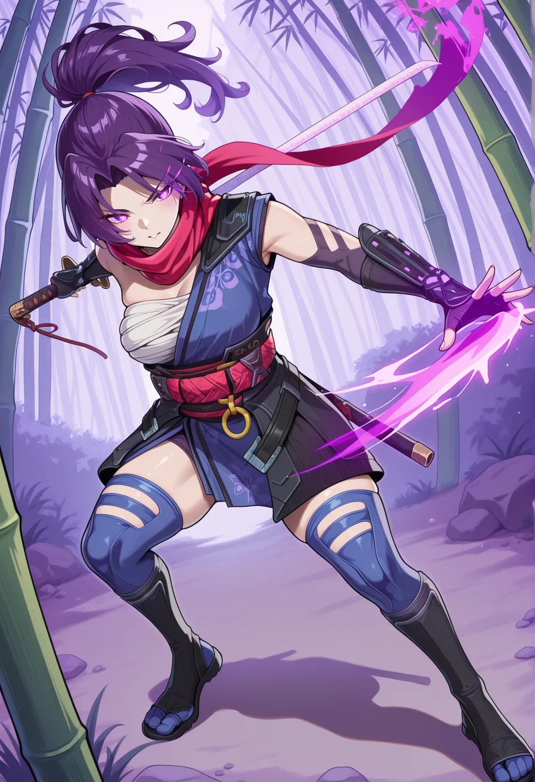 1girl, high ponytail, purple hair, purple eyes, glowing eyes, ninja, sleeveless, scarf, asymmetrical clothes, japanese clothes, chest sarashi, obi, o-ring, gauntlets, fingerless gloves, thighhighs, toeless footwear, tabi, full body, outdoors, bamboo forest, holding katana <lora:Weeb_psylocke:1> fighting stance,, masterpiece, best quality, amazing quality, very aesthetic, absurdres, highres, newest