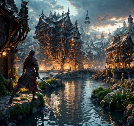 RAW photo, (masterpiece:1.3), subsurface scattering, heavy shadow, (high quality:1.4), (intricate, high detail:1.2), professional photography, HDR, High Dynamic Range, realistic, ultra realistic, photorealistic, high resolution, film photography, ambient lighting, atmospheric effects, <lora:detail_slider_v4:2>, OverallDetail, <lora:Laketown:1>, 1girl, brown hair, building, flower, laketown, outdoors, plant, scenery, sky, smoke, sword, tree, water, watercraft, weapon, lake