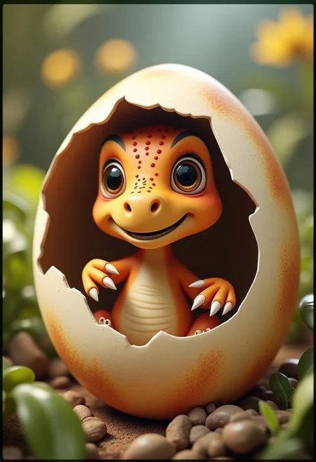 A curious baby dinosaur hatching from an egg, with big eyes and a little smile, surrounded by a prehistoric jungle, a 3D render in the style of 3DMVIE