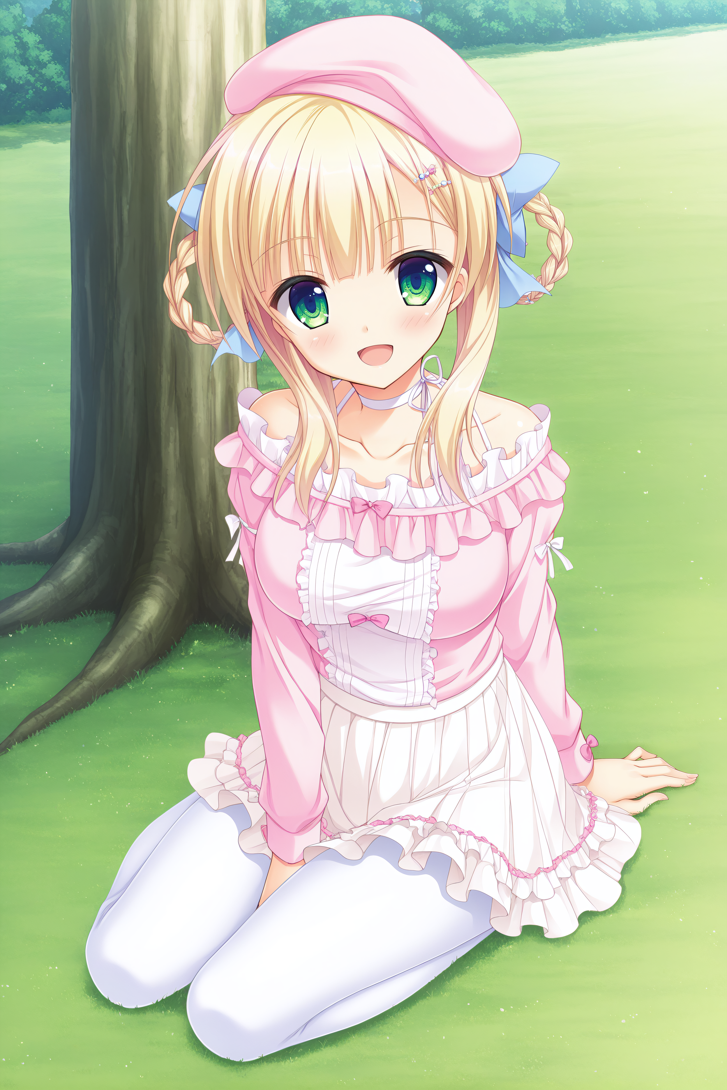 masterpiece, best quality, high quality, detailed, absurdres,newest, scenery, 1girl, solo, official style,best perspective,depth of field, very_aesthetic, best_quality ,high_resolusion, (8K:1.5),,crisp quality, ultra detailed,perfect anatomy,perfect lighting,anime screencap, perfect eyes,detailed eyes,<lora:Sylvia_Final_IL:1>,1girl,Sylvia,blonde hair,green eyes, bangs, casual_sylvia,short hair, twin braids, braid, hair rings, hair ornament, hair ribbon, large hair ribbon, light_blue_ribbon, back_tied_hair_ribbon, hat, beret, pink_beret, headwear, pink_headwear, long sleeves, frilled shirt, buttoned shirt, pink shirt, bow, pink bows, ribbon shirt, collarbone, skirt, white skirt, pleated skirt, frilled skirt, pantyhose, white pantyhose, breasts, large breasts, white_ribbon_choker,1girl,smile, full body, open mouth, sitting on grass, outdoor, tree behind,