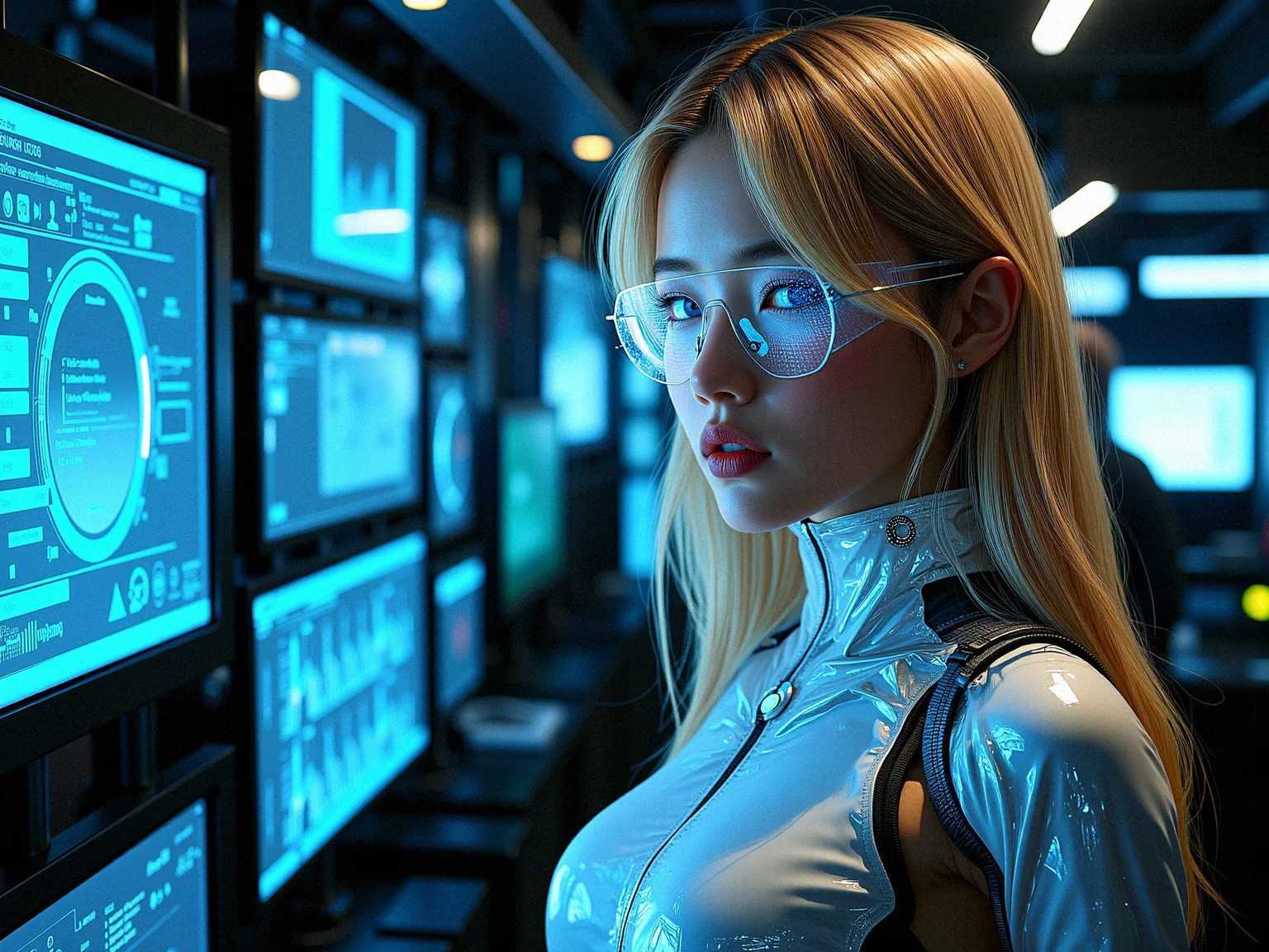 Extreme photorealistic depiction of a female hacker in a cybernetic network hub, surrounded by advanced computer systems and holographic data streams. She is wearing a sleek, alloy plating cybernetic suit embedded with cybernetic enhancements, and her blonde hair is partially illuminated by the various screens and floating holograms. The environment should feel realistically futuristic and dense with digital information, with glowing data cables and interfaces interweaving throughout the space. Highlight the contrast between her calm demeanor and the complexity of the cybernetic hub.
a subtle, integrated communication system in her head or neck, with tiny speakers and microphones for direct interaction.a form-fitting, adaptive fabric bodysuit that covers parts of her body, adjusting its texture and rigidity based on her needs.Introduce subtle, bioluminescent vein-like structures that run through her mechanical components, pulsing gently with a soft glow.Integrate glowing, circuitry-like patterns onto her metallic parts, that light up and pulse.
Lowering her futuristic glasses slightly, looking over them with a raised eyebrow and a questioning expression.