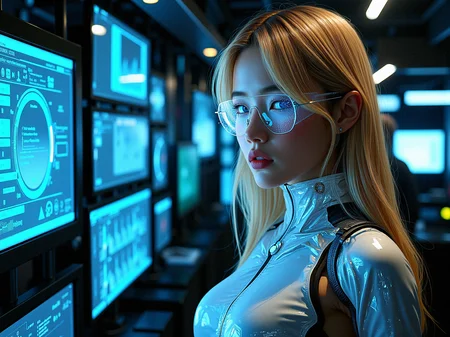 Extreme photorealistic depiction of a female hacker in a cybernetic network hub, surrounded by advanced computer systems and holographic data streams. She is wearing a sleek, alloy plating cybernetic suit embedded with cybernetic enhancements, and her blonde hair is partially illuminated by the various screens and floating holograms. The environment should feel realistically futuristic and dense with digital information, with glowing data cables and interfaces interweaving throughout the space. Highlight the contrast between her calm demeanor and the complexity of the cybernetic hub.
a subtle, integrated communication system in her head or neck, with tiny speakers and microphones for direct interaction.a form-fitting, adaptive fabric bodysuit that covers parts of her body, adjusting its texture and rigidity based on her needs.Introduce subtle, bioluminescent vein-like structures that run through her mechanical components, pulsing gently with a soft glow.Integrate glowing, circuitry-like patterns onto her metallic parts, that light up and pulse.
Lowering her futuristic glasses slightly, looking over them with a raised eyebrow and a questioning expression.