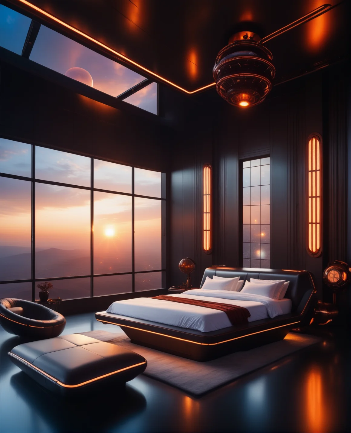 masterpiece, high quality, a reij-ebsu bed room, retro sci fi steampunk, sunrise shine, fireplace <lora:ebony sunset-000001:0.9>
