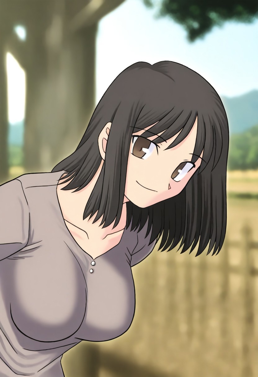 masterpiece, best quality, <lora:Tsukihime NXL:1>,solo,masterpiece, best quality, 
1girl, female focus, large breasts,  solo, brown eyes, thin brown highlights in hair, black hair, thin blonde highlights in hair, medium hair,wavy hair, hair part, side part, hair slicked back, small mouth, short nose, small nose, cute face, soft hair,
outdoor, farm, sunny day, head tilt, hands behind back, leaning forward, quarter view,  innocent smile, cheerful feeling, feminine, girlish, cute