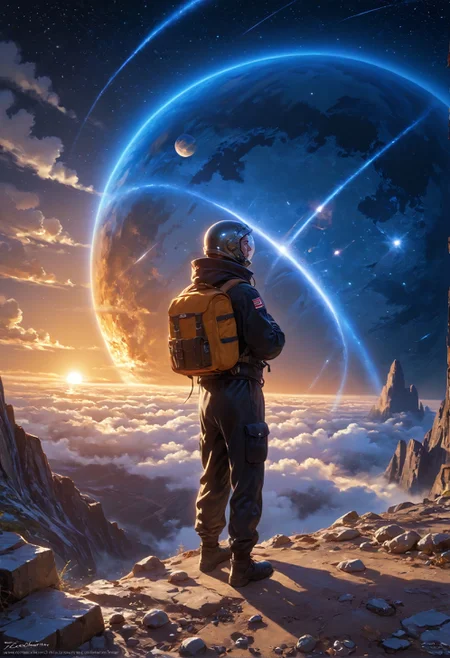 score_9,score_8_up,score_7_up,embedding:zPDXL2, masterpiece,best quality,highly detailed,detailed background, film grain,colorful,glowing,hand person,Expressiveh, , solo, 1boy, standing, male focus, bag, from behind, watermark, backpack, helmet, star \(sky\), scenery, 1other, science fiction, realistic, space, planet, ambiguous gender, spacecraft, spacesuit, astronaut, starship，<lora:增强\(增强)sdxl_lightning_8step_lora.safetensors:1.0:1.0> <lora:增强\(增强)Expressive_H-000001.safetensors:0.8:0.8> <lora:增强\(增强)Hands XL 4.safetensors:1.0:1.0> <lora:增强\glowneon_xl_v1.safetensors:1.0:1.0> <lora:Vixon\收藏\Vixon's Pony Styles Illumi.safetensors:0.8:0.8>