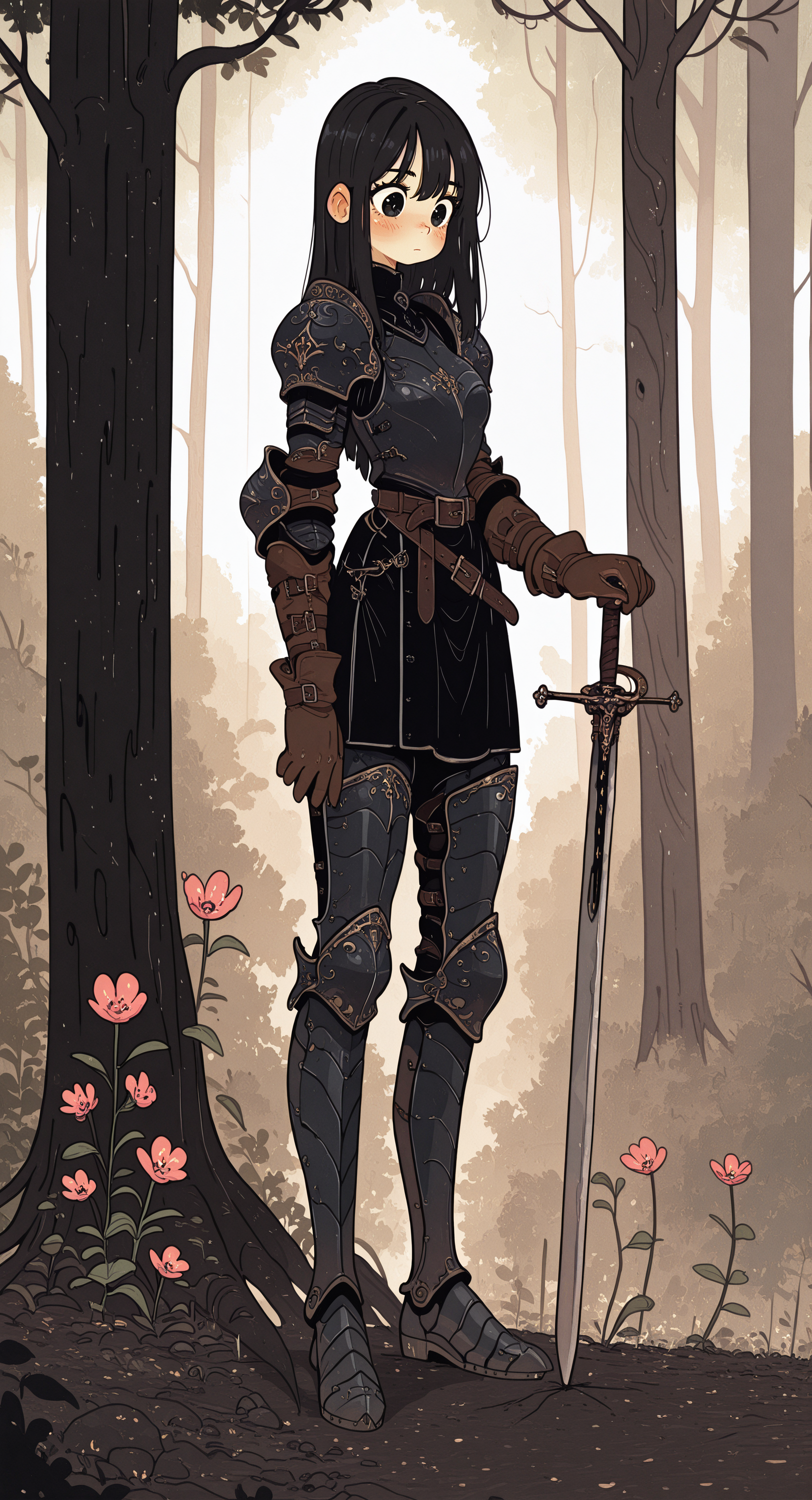 masterpiece,best quality,amazing quality, 
1girl, solo, planted sword, long hair, black hair, black eyes, blush, standing, holding, hand on hilt, holding sword,
gloves, boots, belt, sword, armor, shoulder armor, brown gloves, breastplate, armored boots, greaves, knight,
full body,
outdoors, nature, forest,flower, planted, tree, Flatline, Flat vector illustration,
rapscallionstyle <lora:ponyv6_noobE11_2_adamW-000017:0.3> <lora:mon_monmon2133:0.6> <lora:114558v4df2fsdf5:1> <lora:checkpoint-e18_s306:1.3> <lora:Rapscallion_Illustrious:0.7>