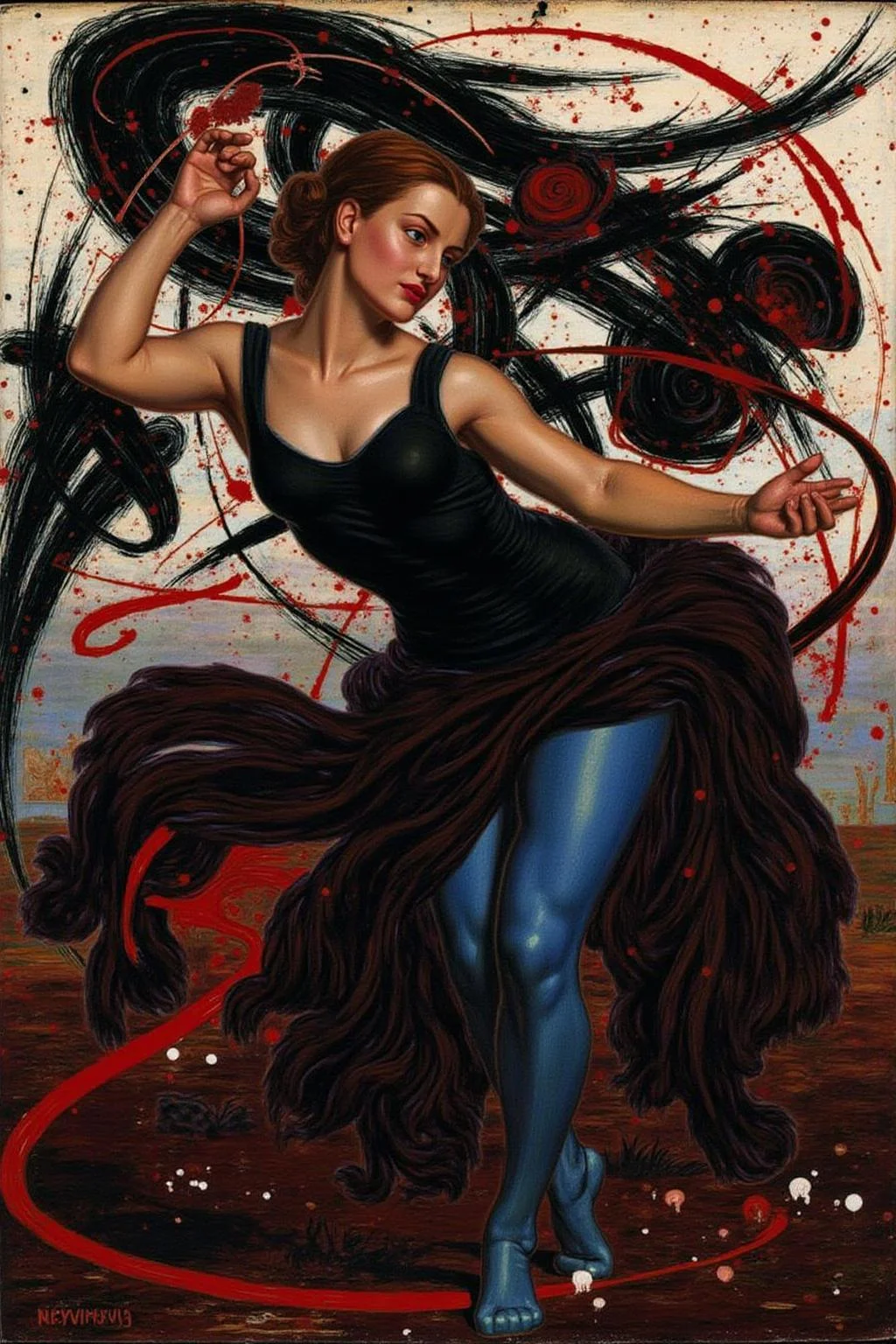 williamhhunt1 painting.
A surreal painting of a graceful female dancer in a dynamic pose, wearing a minimalist black outfit. Her body is illuminated with a blend of blue and warm tones, contrasting against a chaotic and abstract background of bold, sweeping strokes in black, white, and deep red. Red splatters and sharp, curving lines add energy and tension to the composition, creating a balance between elegance and raw, expressive movement. The overall mood is vibrant and dramatic, with an emphasis on fluidity and strength.
<lora:williamhhunt1_cap_d6a3e9:1.0><lora:838089668969910527:0>