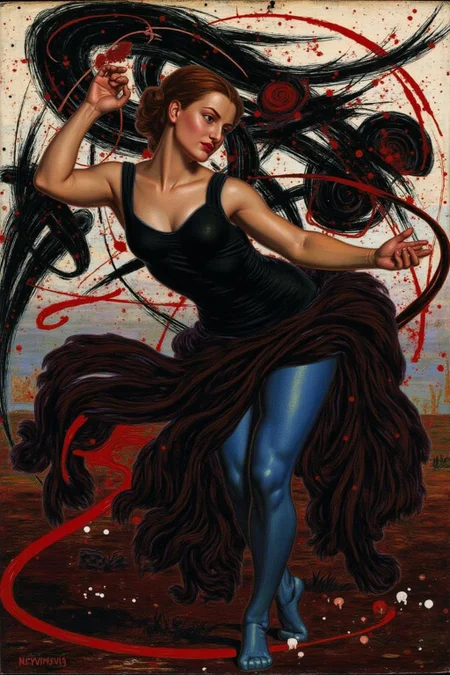 williamhhunt1 painting.
A surreal painting of a graceful female dancer in a dynamic pose, wearing a minimalist black outfit. Her body is illuminated with a blend of blue and warm tones, contrasting against a chaotic and abstract background of bold, sweeping strokes in black, white, and deep red. Red splatters and sharp, curving lines add energy and tension to the composition, creating a balance between elegance and raw, expressive movement. The overall mood is vibrant and dramatic, with an emphasis on fluidity and strength.
<lora:williamhhunt1_cap_d6a3e9:1.0><lora:838089668969910527:0>