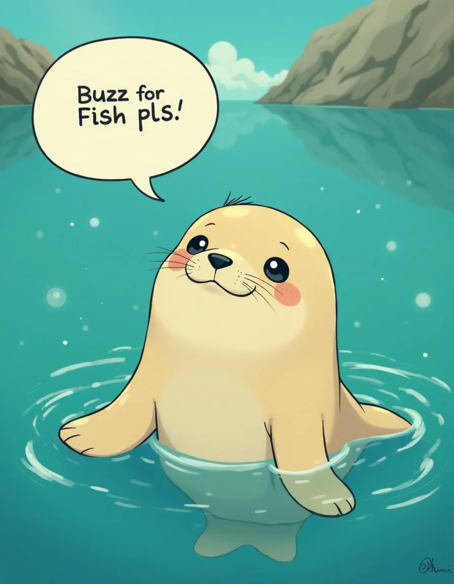 cute seal speech bubble that says " buzz for fish pls " ,, (Studio ghibli style, Art by Hayao Miyazaki:1.2), Anime Style, Manga Style, Hand drawn, cinematic, Sharp focus, humorous illustration, big depth of field, Masterpiece, concept art, trending on artstation, Vivid colors, Simplified style, trending on ArtStation, trending on CGSociety, Intricate, Vibrant colors, Soft Shading, Simplistic Features, Sharp Angles, Playful