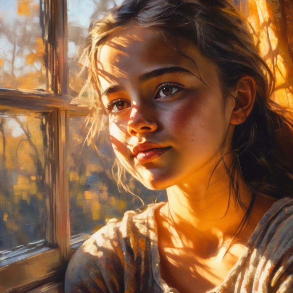 artmix05 close up girl by the window, warmer sunlight rays light on her face, very detailed  <lora:artmix05:1>