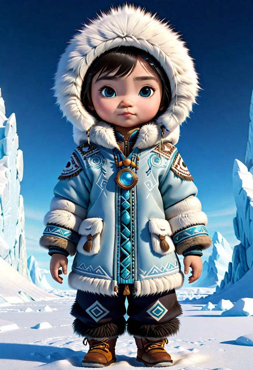 full-body shot of otherworldly never seen before tiny and cute character, otherworldly never seen clothes, arctic nation and eskimos, tribal eskimos tattoos, ultrarealistic, soft lighting, 32k, HQ, HD, AAA, Artstation and Deviantart trending, intricate details, detailed body anatomy, symmetrical body parts, pixar character style, arctic and polar color palette, by Anno1313,