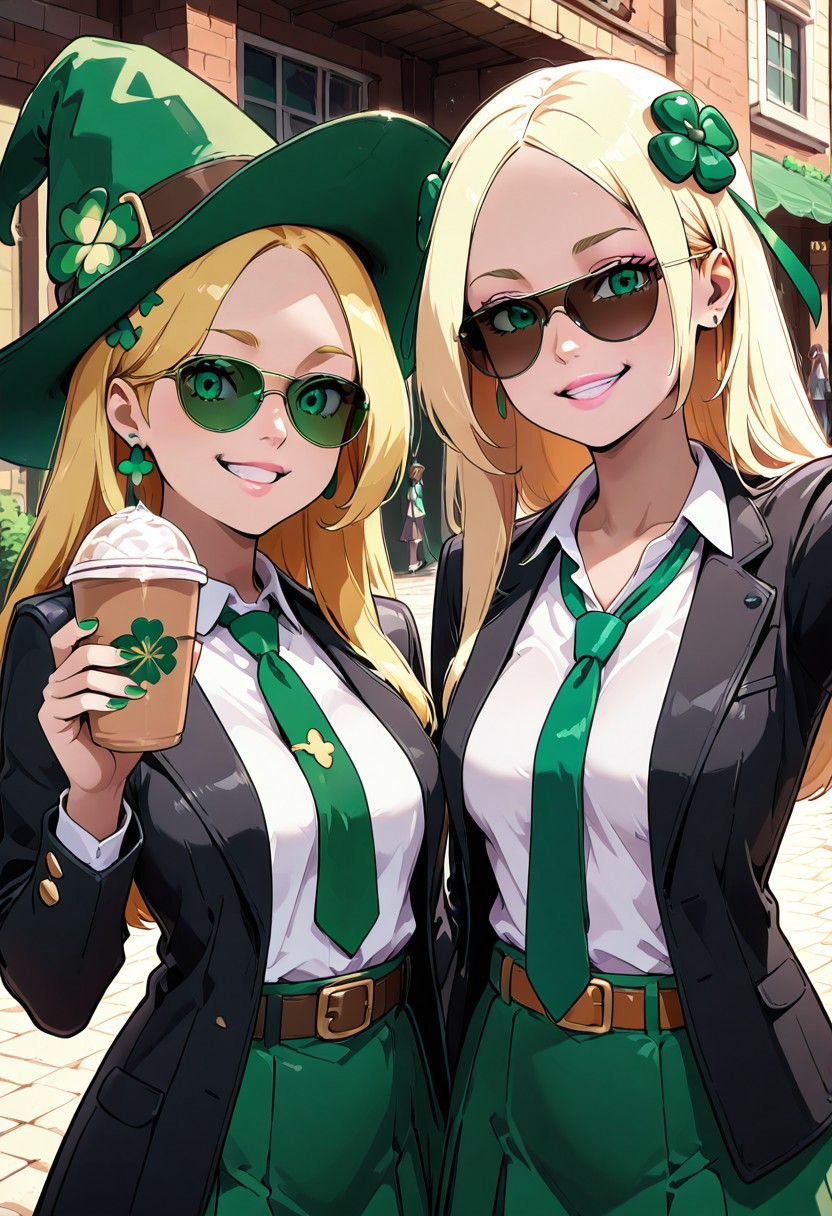 masterpiece, best quality,   ShamrockWorld, long hair, looking at viewer, smile, multiple girls, skirt, blonde hair, shirt, hair ornament, long sleeves, hat, holding, 2girls, jewelry, medium breasts, school uniform, green eyes, jacket, white shirt, upper body, earrings, outdoors, parted lips, open clothes, necktie, day, collared shirt, belt, grin, cup, lips, coat, black jacket, parted bangs, witch hat, piercing, sunglasses, forehead, pink lips, realistic, nose, green headwear, selfie, disposable cup, green nails, green necktie, eyebrow piercing, aviator sunglasses  ,