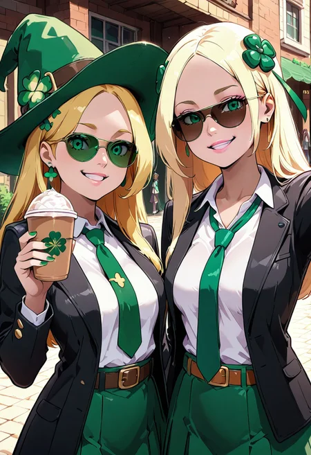 masterpiece, best quality,   ShamrockWorld, long hair, looking at viewer, smile, multiple girls, skirt, blonde hair, shirt, hair ornament, long sleeves, hat, holding, 2girls, jewelry, medium breasts, school uniform, green eyes, jacket, white shirt, upper body, earrings, outdoors, parted lips, open clothes, necktie, day, collared shirt, belt, grin, cup, lips, coat, black jacket, parted bangs, witch hat, piercing, sunglasses, forehead, pink lips, realistic, nose, green headwear, selfie, disposable cup, green nails, green necktie, eyebrow piercing, aviator sunglasses  ,