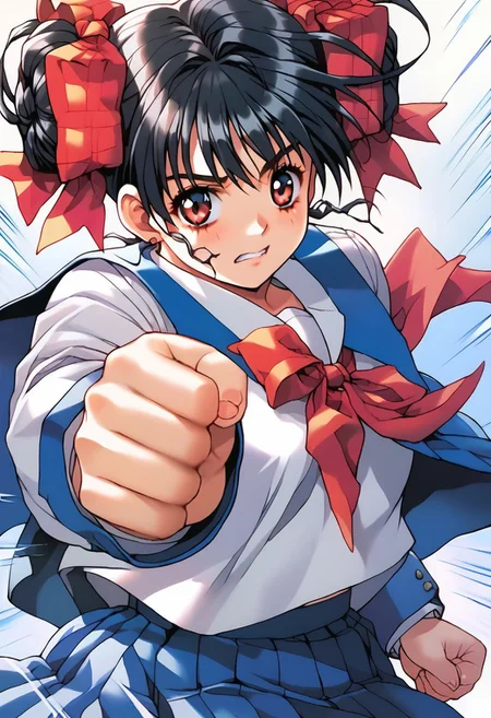 ASCII 1girl,<lora:pony_xl_narusawa:0.8>,narusawa,score_9,score_8_up,score_7_up,source_anime,black hair,
solo,
looking at viewer,school uniform,long sleeves,vest,pleated skirt,plaid skirt,socks,loafers,cowboy_shot,
serafuku,fighting_stance,
cute,
<lora:rushpunchXLpony002>,
rushpunch,punching,multiple hands,fists,clenched fists,(motion_blur:1.2),(motion line:1.1),speed_lines,