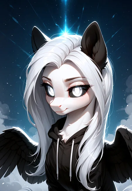 score_9, score_8_up, score_7_up, score_pony, zPDXL3,Albina, 1girl, wild pony, pony, white fur, white long hair, (black sclera:1.1), white eye, (glowing white eyes:1.1), glowing eyes, (black wings:1.4), black ears, in hoodie, in the hood, mysterious expression, cinematic lighting, soft shadows, dark fantasy atmosphere, fog, night, backlight, subtle glowing particles, close-up portrait, high detail, sharp focus, soft glow, BREAK (masterpiece:1.3), (best quality:1.3), (ultra-detailed:1.3), (cinematic lighting:1.2), (depth of field:1.1), (sharp details:1.1)