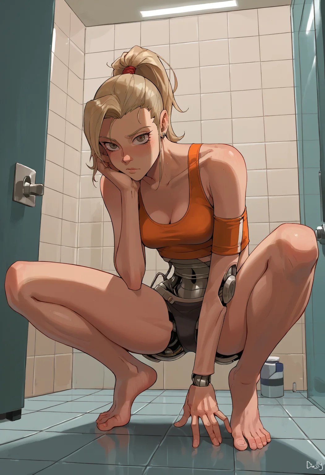 score_9, score_8_up, score_7_up, highly detailed, robot, robot girl, android, medium breasts, tall, android girl, helmet, bare feet, barefoot, toes, ponytail, blonde hair, prosthetic legs, toes, bathroom, tiles, dimly lit, neon lighting, squatting, spread legs, mechanical joints,
<lora:ArmorPunkV3-000002:1>, arm0rpunk,
(1nk:1.1), adr1at1c, (v1s1on:0.4),
<lora:AdriaticInkVision:0.5>,