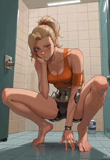 score_9, score_8_up, score_7_up, highly detailed, robot, robot girl, android, medium breasts, tall, android girl, helmet, bare feet, barefoot, toes, ponytail, blonde hair, prosthetic legs, toes, bathroom, tiles, dimly lit, neon lighting, squatting, spread legs, mechanical joints,
<lora:ArmorPunkV3-000002:1>, arm0rpunk,
(1nk:1.1), adr1at1c, (v1s1on:0.4),
<lora:AdriaticInkVision:0.5>,
