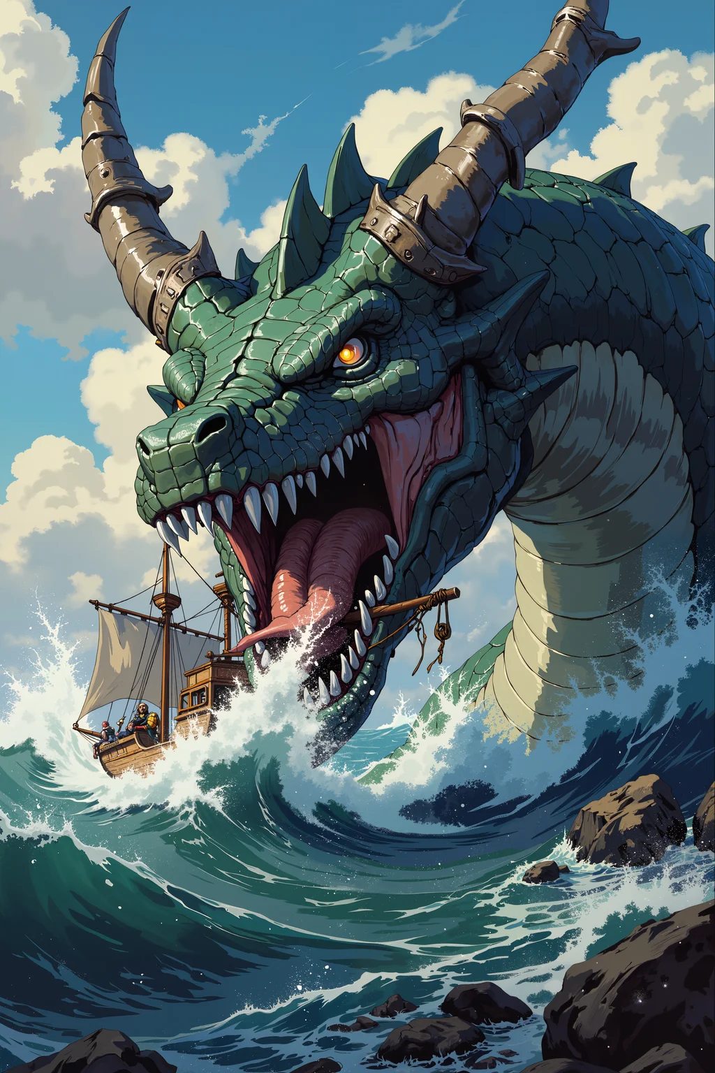 a giant is sea monster snake dragon is emerging from the waves holding a ship in its jaws.<lora:XRSTYLE_FLUX:0.5><lora:RetroAnimeFluxV1:0.4><lora:MoriiMee_Gothic_Niji_Style_FLUX:0.3>