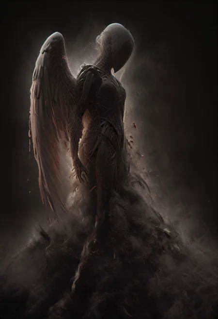 Dark luminous translucent Wings, Above the Clouds Loosing feathers, floating feathers, subsurface scattering, Capture the dystopian spectacle of female Icarus ascending too close to the sun, seen from below. Witness her wings, illuminated by the piercing light of a Blood moon, shedding feathers as they struggle against the inevitable descent. 
subsurface scattering, Angel Icarus LiS_Robot By tim burton with Large vanta black spreaded  Wings, large hooded Cape, liminal space cloud, Neon translucent Soundwaves visible on the face,
atmospheric haze, Film grain, cinematic film still, shallow depth of field, highly detailed, high budget, cinemascope, moody, epic, OverallDetail, 2000s vintage RAW photo, photorealistic, candid camera, color graded cinematic, atmospheric lighting, imperfections, natural, shallow dof