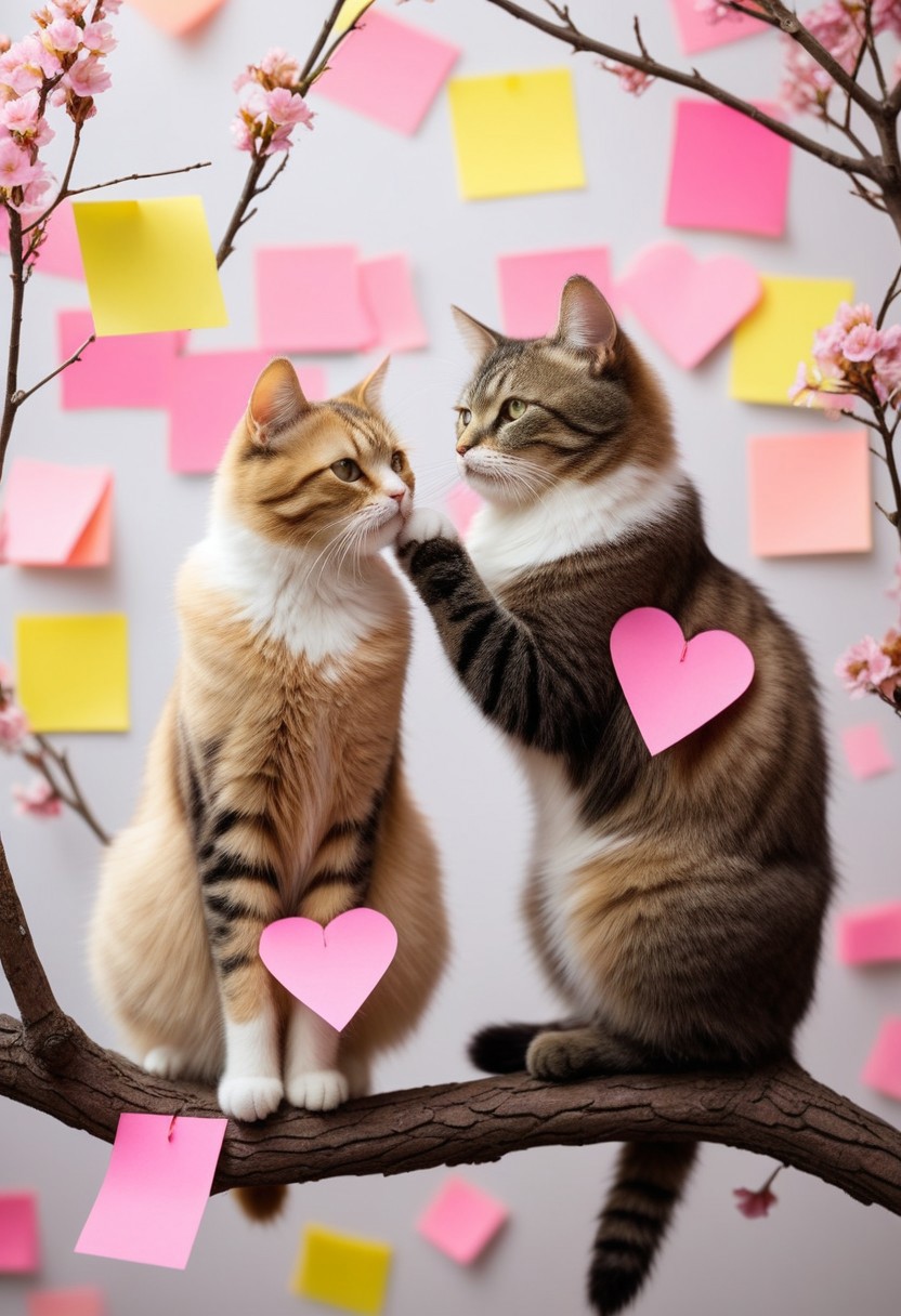 masterpiece, best quality, absurdres, cats made of sticky notes sitting on a tree branch, facing each other in an intimate and harmonious pose. They are surrounded by delicate, blooming branches with small flowers, adding a serene and romantic atmosphere. The background is softly blurred, focusing the viewer's attention on the cats and their interaction. The lighting is soft, emphasizing the texture of their fur and the gentle ambiance of the scene. pink heart in front of them, Jed-StickyN