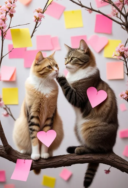 masterpiece, best quality, absurdres, cats made of sticky notes sitting on a tree branch, facing each other in an intimate and harmonious pose. They are surrounded by delicate, blooming branches with small flowers, adding a serene and romantic atmosphere. The background is softly blurred, focusing the viewer's attention on the cats and their interaction. The lighting is soft, emphasizing the texture of their fur and the gentle ambiance of the scene. pink heart in front of them, Jed-StickyN
