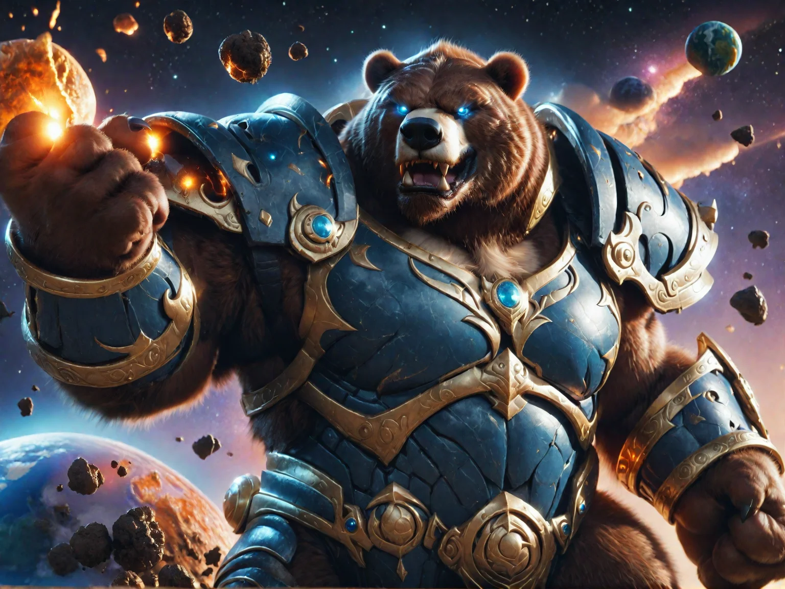 score_9.score_8_up.score_7_up.score_6_up.score_5_up.score_4_up,
macrobear, space, cosmic background, nebula, front view, three-quarter portrait, bear, brown fur, macro, terra macro, giant, blue eyes, glowing eyes, detailed fur, teeth, fangs, bara, barazoku, broad shoulders, handpaw, armor, shoulder armor, chest armor, bracers, planet destruction, explosion, lava, asteroid, fist, bent arm, fighting pose, planet, male, manly, solo,
 <lora:macro_bear_sdxl:0.8>  
<lora:Photo Style LoRA XL:1.0>