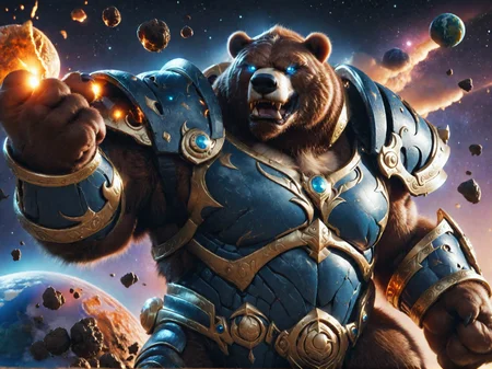 score_9.score_8_up.score_7_up.score_6_up.score_5_up.score_4_up,
macrobear, space, cosmic background, nebula, front view, three-quarter portrait, bear, brown fur, macro, terra macro, giant, blue eyes, glowing eyes, detailed fur, teeth, fangs, bara, barazoku, broad shoulders, handpaw, armor, shoulder armor, chest armor, bracers, planet destruction, explosion, lava, asteroid, fist, bent arm, fighting pose, planet, male, manly, solo,
<lora:macro_bear_sdxl:0.8>
<lora:Photo Style LoRA XL:1.0>