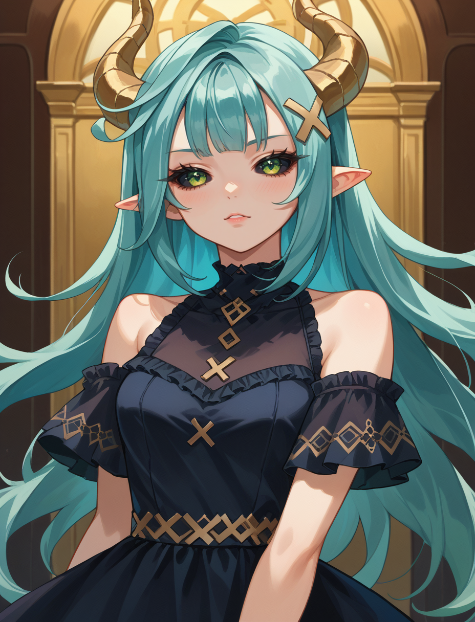 score_9, score_8_up, score_7_up, source_anime, <lora:wrenchGIFruzanCafe-000009:1>, wrnchgifrzncafe, long hair, green eyes, x hair ornament, aqua hair, 
female, demon, horns, (caprine horn:1.1), black dress, jewelry, off shoulder, bangs, black sclera, humanoid pointy ears, cowboy shot, gold_horn,