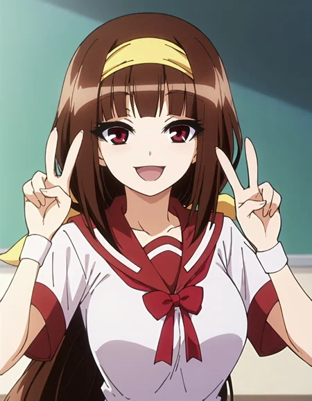 score_9,score_8_up,score_7_up,score_6_up,score_5_up,score_4_up,1girl, <lora:najimi_ajimu:0.7> najimi_ajimu,yellow hairband, hair ribbon,low-tied long hair,big breasts, school uniform,serafuk,white wristbandred,skirt,black thighhighs,looking at viewer,smile,open mouth,v,double v,upper body, anime screencap,