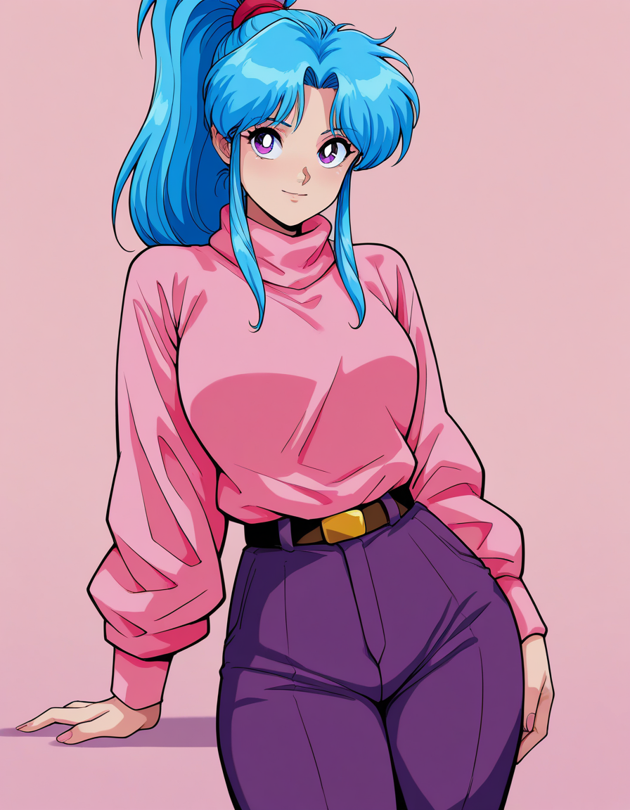 masterpiece, best quality, newest, highres, absurdres, 
<lora:Botan_IL_v1-000008:0.7>, botan, blue hair, purple eyes, parted bangs, sidelocks, ponytail, light smile, 
turtleneck sweater, pink sweater, belt, purple pants, untucked,