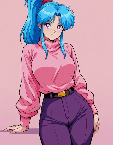 masterpiece, best quality, newest, highres, absurdres,
<lora:Botan_IL_v1-000008:0.7>, botan, blue hair, purple eyes, parted bangs, sidelocks, ponytail, light smile,
turtleneck sweater, pink sweater, belt, purple pants, untucked,