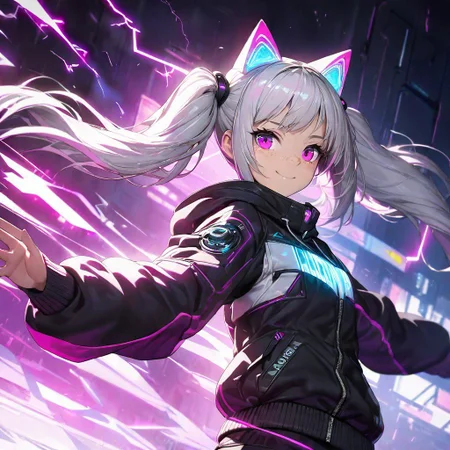 masterpiece, best quality, anime girl with (mid:long) ((light pink and white) hair and magenta colored eyes), smile, ((twintail)), (freckles), ((flat chest)), dynamic pose, look at viewer, young, cyberpunk clothing, glowing highlights on clothing, clothing hoody with cat ears, ultra high resolution, (photorealistic:0.4), portrait, volumetric light and shadow, bioluminescent hair, 8k, natural, ultra high detail, high resolution textures, beautiful, hard lightning, intricate, extremely detailed, less highlights on clothing, extremely detailed