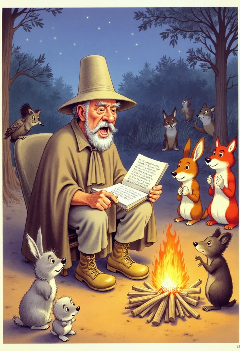 Old book illustration style, colored drawing of a traveling storyteller sitting beside a campfire at dusk. The storyteller is a middle-aged man wearing a wide-brimmed hat, a worn cloak, and leather boots. He holds an open book, animatedly reading aloud, with a small audience of woodland animalsârabbits, owls, and foxesâgathered attentively around him. The campfire casts warm flickering light on his face and the surrounding trees. The background shows a starry sky just emerging as twilight fades. The colors are soft and muted, with warm oranges and deep blues, painted in a delicate, vintage storybook style. <lora:oldillustration_V1.1:0.9>