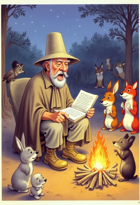 Old book illustration style, colored drawing of a traveling storyteller sitting beside a campfire at dusk. The storyteller is a middle-aged man wearing a wide-brimmed hat, a worn cloak, and leather boots. He holds an open book, animatedly reading aloud, with a small audience of woodland animalsârabbits, owls, and foxesâgathered attentively around him. The campfire casts warm flickering light on his face and the surrounding trees. The background shows a starry sky just emerging as twilight fades. The colors are soft and muted, with warm oranges and deep blues, painted in a delicate, vintage storybook style. <lora:oldillustration_V1.1:0.9>