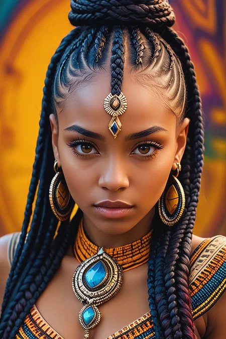 portrait,mesmerizing tribal girl,(box braids:1.3),(hyperdetailed long African braided hair),tantalizing eyes,realistic skin texture,jewelry,HD,intricate cornrows,<lora:add-detail-xl:0.8>,electrifying,vivid colors,intricate background,<lora:helios666:0.3>,