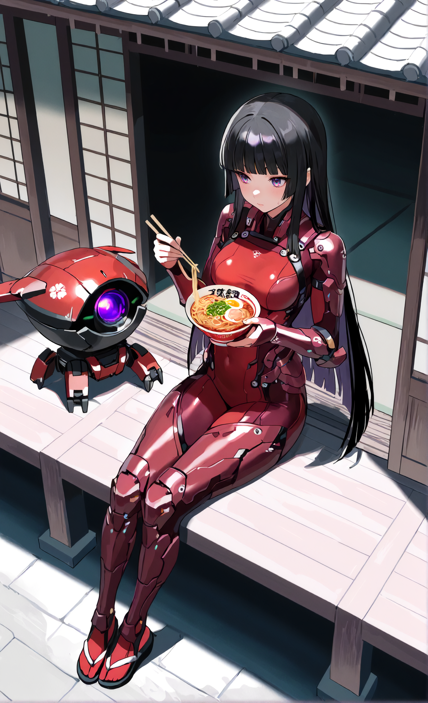 masterpiece, sharp detail, intricate detail, 1girl, purple eyes, black hair, hime cut, miko, medium breasts, dark red bodysuit, sandals, armor, full body, east asian architecture, sitting, outside, holding ramen, from above,  <lora:Improved Anime Drones:1>  non-humanoid robot, science fiction