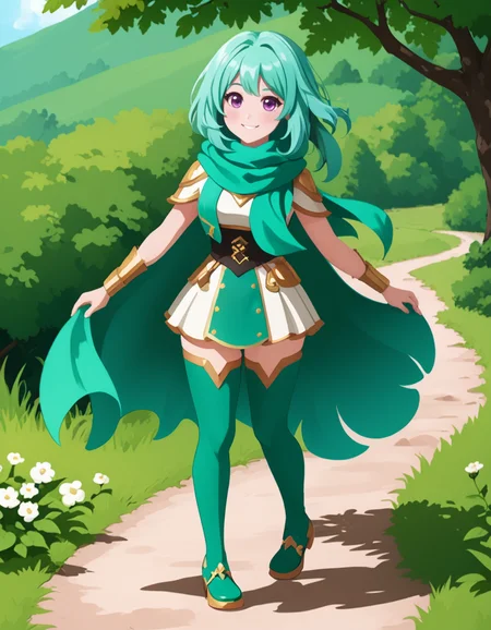 OneStepFromEdenStyle, 1girl, wide_hips, blush}, solo, outdoors, [mint] scarf, [Amethyst] eyes, [Emerald] hair, smile, full_body, high_fantasy, teal footwear
 <lora:OneStepFromEdenStyle_Illustrious:1>