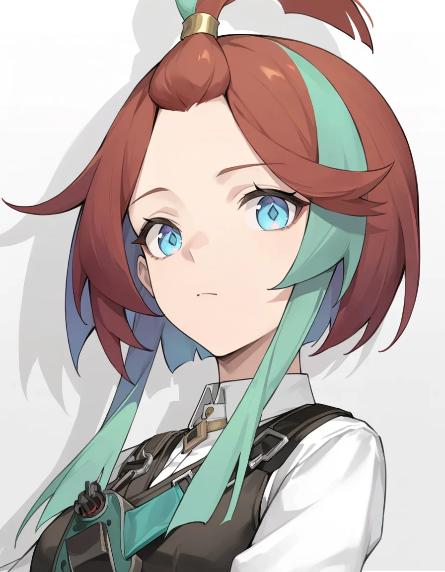 simple background,white background,looking at viewer,
<lora:andi_noob:0.9>,andi,1girl,solo,multicolored hair,streaked hair,aqua hair,two-tone hair,sidelocks,brown hair,short hair,blue eyes,topknot,coat,white shirt,collared shirt,
masterpiece,best quality,very aesthetic,absurdres,