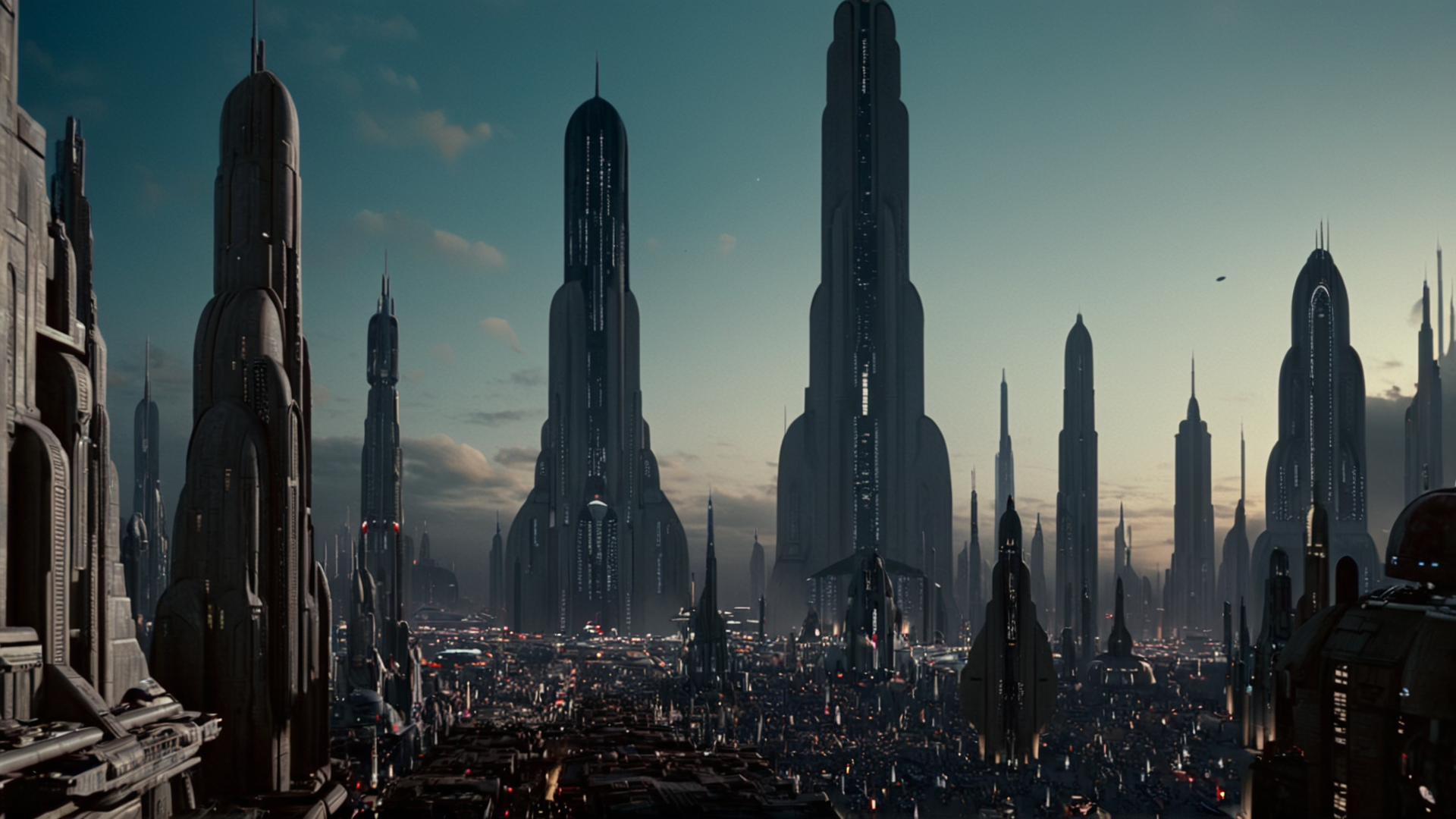 cinematic film still of  <lora:star wars style:0.2>
<lora:detailed:0.4> detailed
<lora:perfection style:0.4> perfect
<lora:PerfectEyesXL:0.5>
 <lora:Chiaroscuro Lighting Style:0.3>
 <lora:Coruscant:0.9>
Coruscant a futuristic city with a lot of tall buildings,in star wars style,outdoors,sky,cloud,no humans,night,building,scenery,science fiction,city,aircraft,fantasy,cityscape,skyscraper,tower,city lights, shallow depth of field, vignette, highly detailed, high budget, bokeh, cinemascope, moody, epic, gorgeous, film grain, grainy