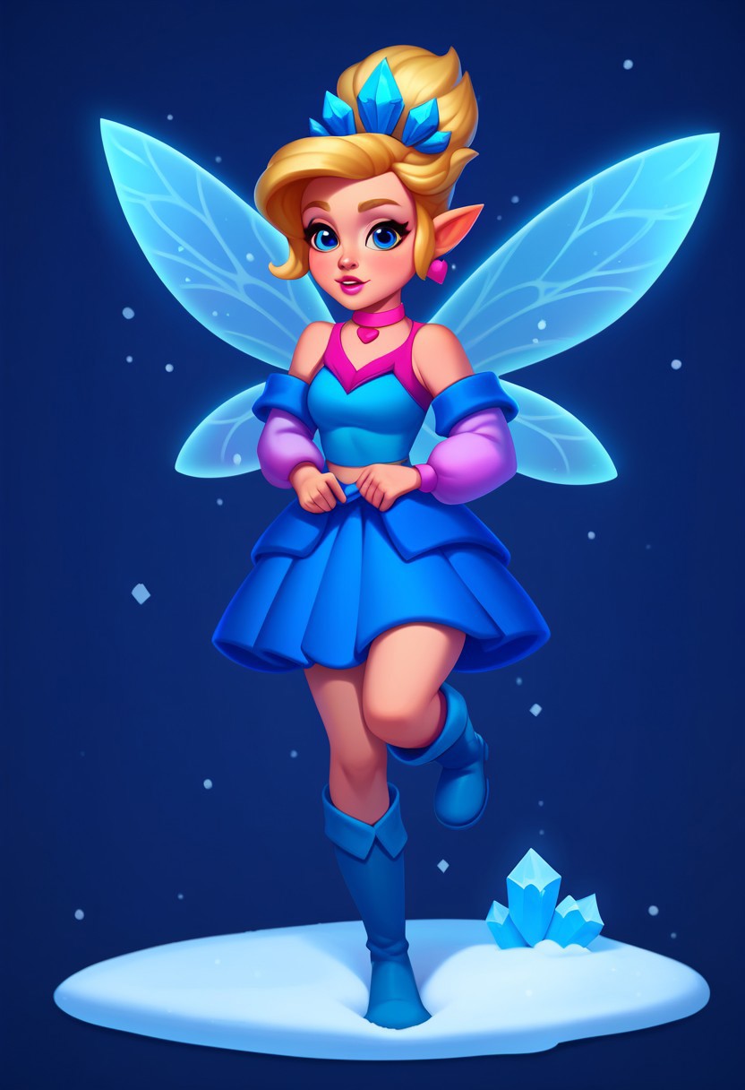 score_9, score_8_up, score_7_up, casual game art style, casual game art, mobile game art, merge 3 game art, character design, mat3g, 1girl, blonde hair, solo, blue eyes, pink earrings, jewelry, winter fairy, blue over-the-knee boots, pointy ears, long hair, fairy wings, blue skirt, detached sleeves, blue crystal crown, blue crop top, pink choker, pink lips, standing on one leg, dark blue background, snow, handfixer