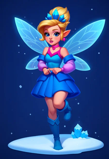 score_9, score_8_up, score_7_up, casual game art style, casual game art, mobile game art, merge 3 game art, character design, mat3g, 1girl, blonde hair, solo, blue eyes, pink earrings, jewelry, winter fairy, blue over-the-knee boots, pointy ears, long hair, fairy wings, blue skirt, detached sleeves, blue crystal crown, blue crop top, pink choker, pink lips, standing on one leg, dark blue background, snow, handfixer