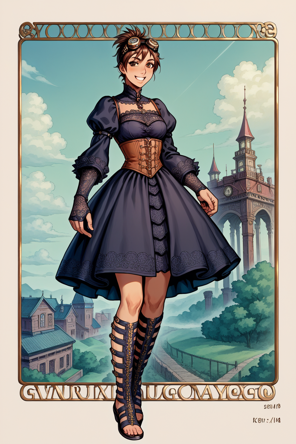 score_9, score_8_up, score_8, score_7_up, source_anime, 
1girl, katou megumi, Megumi <lora:KatoMegumi:1>,brown hair,katou megumi,brown eyes, medium breasts , short hair,  ponytail ,masterpiece, best quality, steampunk theme, victorian cityscape background, wearing a detailed steampunk dress with brass and leather accents, intricate corset, puffed sleeves, lace gloves, goggles resting on her head, holding a small pocket watch, standing near a steam-powered contraption, gears and pipes in the foreground, warm sepia tones, soft sunlight breaking through clouds, gentle smile, elegant pose, side-angle perspective, detailed textures, cinematic atmosphere, intricate mechanical elements, Gladiator Sandals