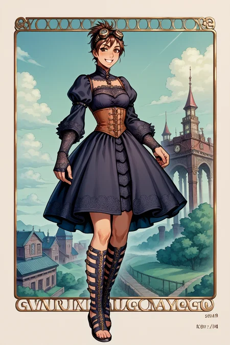 score_9, score_8_up, score_8, score_7_up, source_anime,
1girl, katou megumi, Megumi <lora:KatoMegumi:1>,brown hair,katou megumi,brown eyes, medium breasts , short hair, ponytail ,masterpiece, best quality, steampunk theme, victorian cityscape background, wearing a detailed steampunk dress with brass and leather accents, intricate corset, puffed sleeves, lace gloves, goggles resting on her head, holding a small pocket watch, standing near a steam-powered contraption, gears and pipes in the foreground, warm sepia tones, soft sunlight breaking through clouds, gentle smile, elegant pose, side-angle perspective, detailed textures, cinematic atmosphere, intricate mechanical elements, Gladiator Sandals